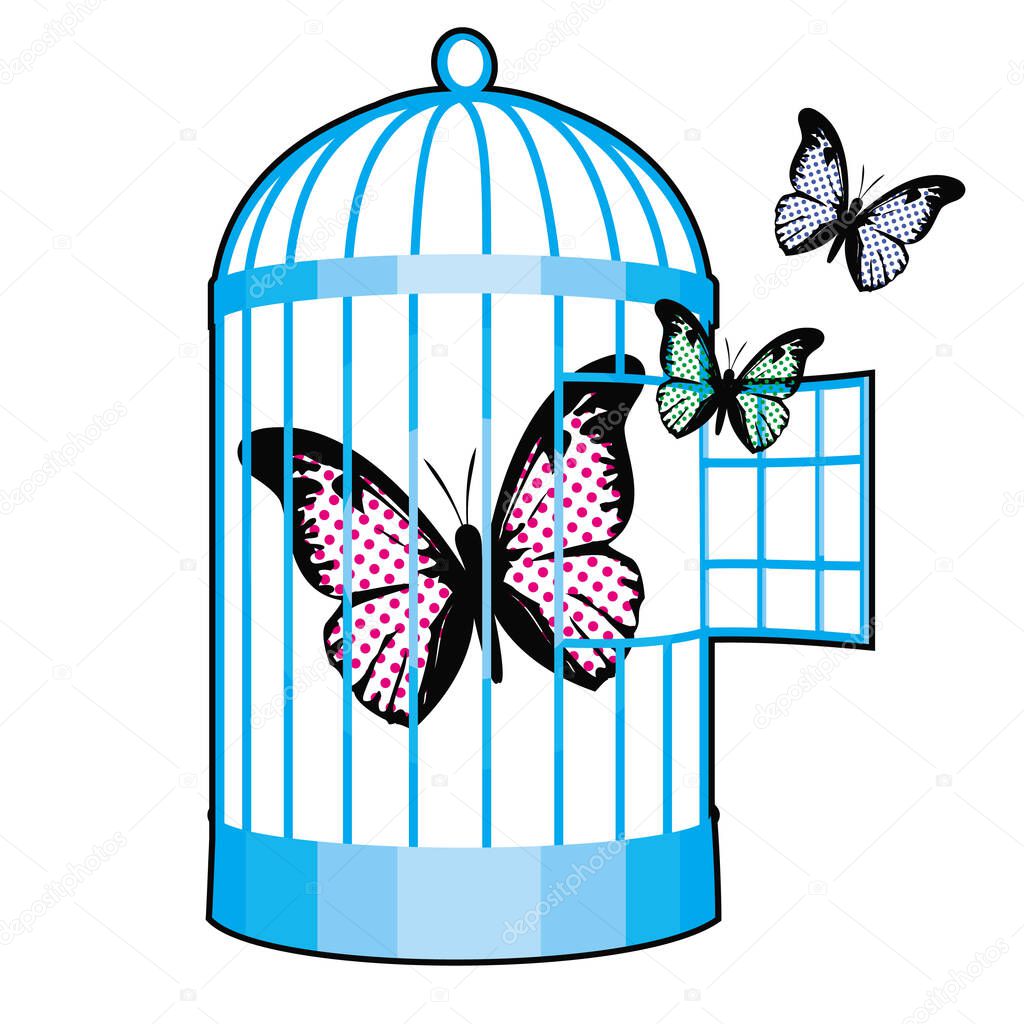 vector illustration of a metal cage with butterflies. Design for t-shirts or stickers about freedom.