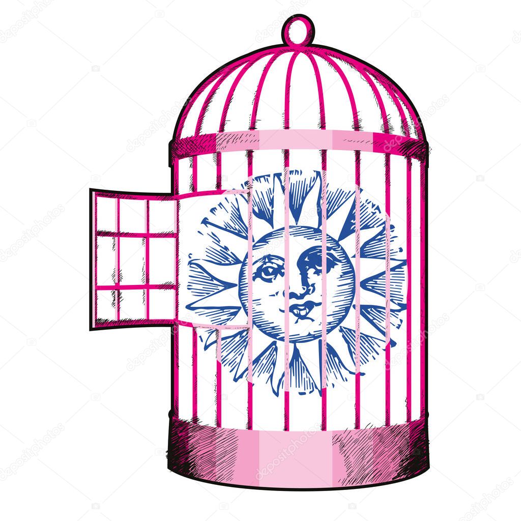 vector illustration of a cage containing the sun. Design for t-shirts or stickers.