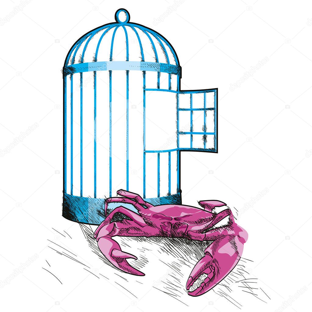 vector illustration of an empty cage and a crab on white background. Design for t-shirts or stickers.