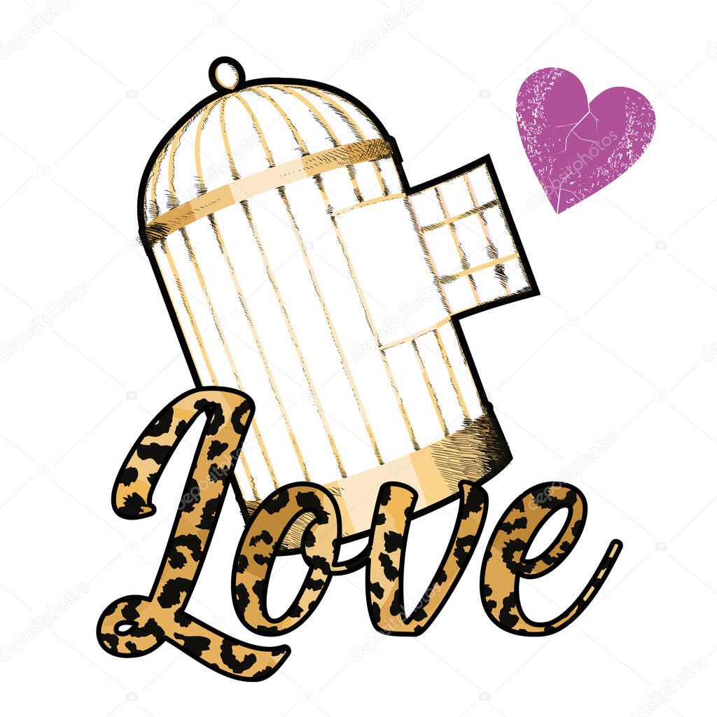 vector illustration with the word Love with animal print, an open cage and a small heart. Design for t-shirts or stickers
