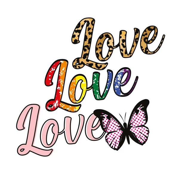 Aşk sözcüğünün üç kez tekrarlandığı tişört tasarımı. Hayvan desenli vektör metni ve gay gurur renkleri.