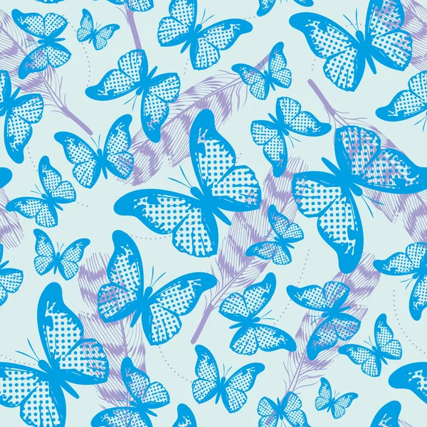 Patrón Sin Costuras Mariposas Plumas Nad Diferentes Tamaños Colores Diseño — Vector de stock