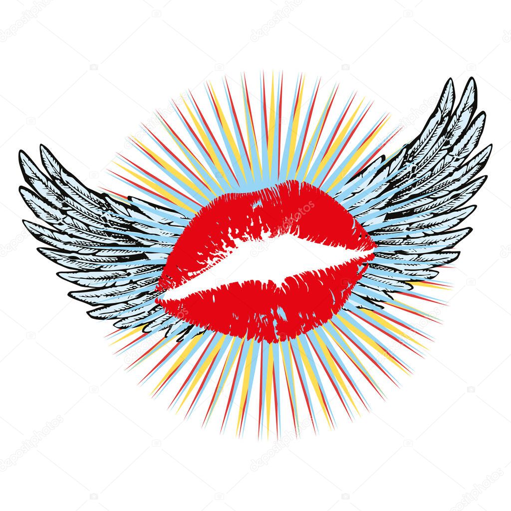 vector illustration of red lips with wings. Surreal design for t-shirts, posters or stickers.