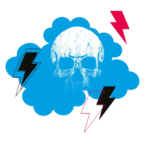 頭蓋骨と光線のある天体雲のベクトル図です ロックをテーマにしたTシャツやポスターのデザイン — ストックベクタ