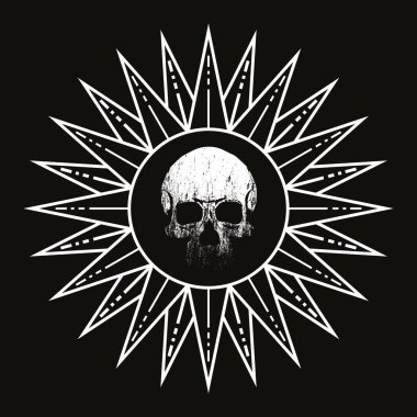 Siyah zemin üzerinde insan kafatası olan bir güneşin vektör çizimi. Tişört ya da posterler için tasarım,