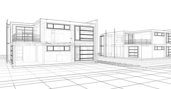 房屋建筑草图3D插图 — 图库照片