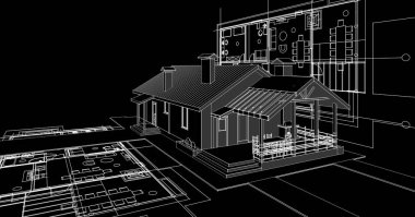 ev mimarisi projesi çizimi 3d illüstrasyon