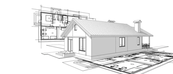 房屋建筑草图3D图解 — 图库照片