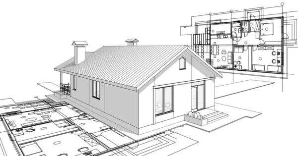 房屋建筑草图3D图解 — 图库照片