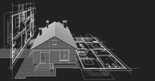 house architectural project sketch 3d illustration