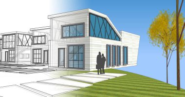 Modern ev modülü mimari konsepti 3D illüstrasyon