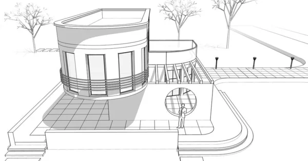 房屋建筑草图3D插图 — 图库照片