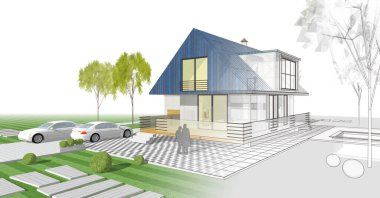 Mimari geleneksel ev 3d resim çizimi