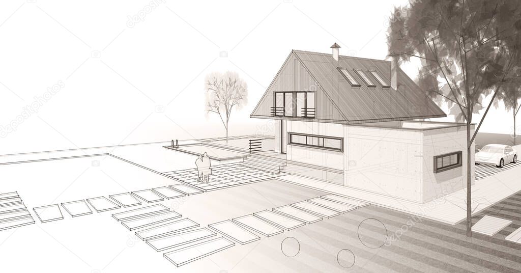 architecture traditional house 3d illustration sketch