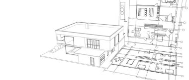 ev planı mimari taslak 3D illüstrasyon