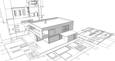 ev planı mimari taslak 3D illüstrasyon