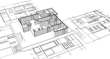 ev planı mimari taslak 3D illüstrasyon