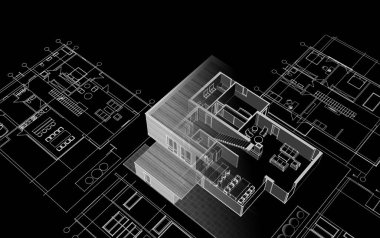ev planı mimari taslak 3D illüstrasyon