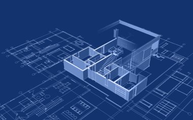 ev planı mimari taslak 3D illüstrasyon