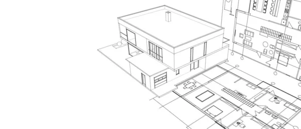 Haus Plan Fassaden Architektonische Skizze Illustration — Stockfoto