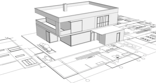 Casa Pianta Facciate Schizzo Architettonico Illustrazione — Foto Stock