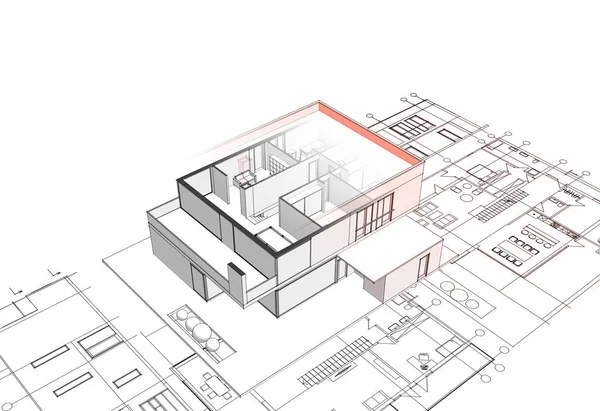 Dom Plan Fasady Architektoniczny Szkic Ilustracja — Zdjęcie stockowe