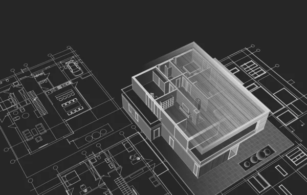 Dom Plan Fasady Architektoniczny Szkic Ilustracja — Zdjęcie stockowe