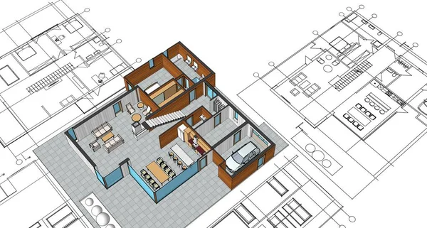 ev planı mimari taslak 3D illüstrasyon