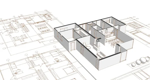 Hus Plan Fasader Arkitektonisk Skiss Illustration — Stockfoto