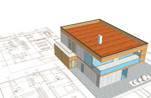Hus Plan Fasader Arkitektonisk Skiss Illustration — Stockfoto