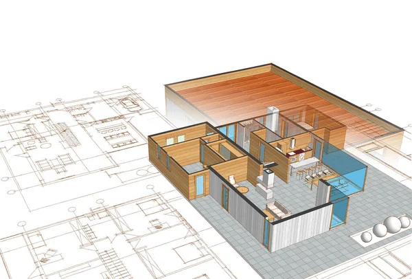 Hus Plan Fasader Arkitektonisk Skiss Illustration — Stockfoto