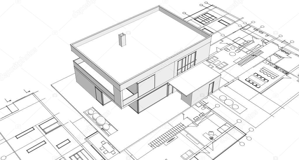 house plan facades architectural sketch 3d illustration