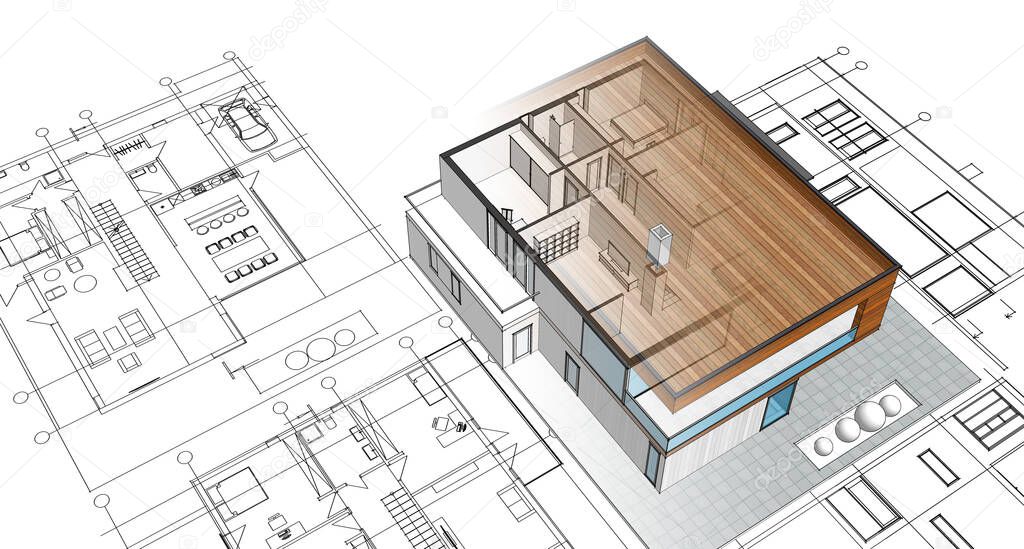 house plan facades architectural sketch 3d illustration