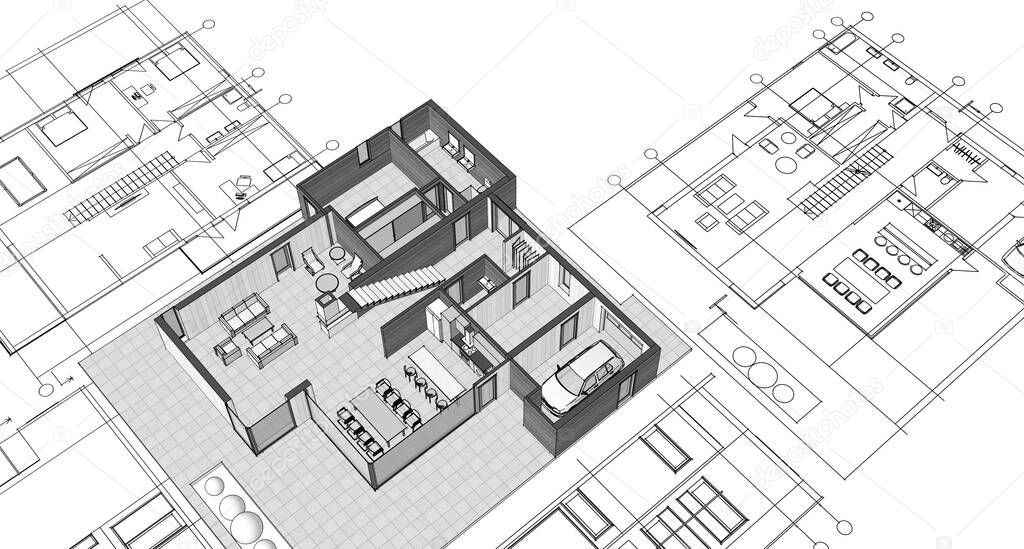 house plan facades architectural sketch 3d illustration