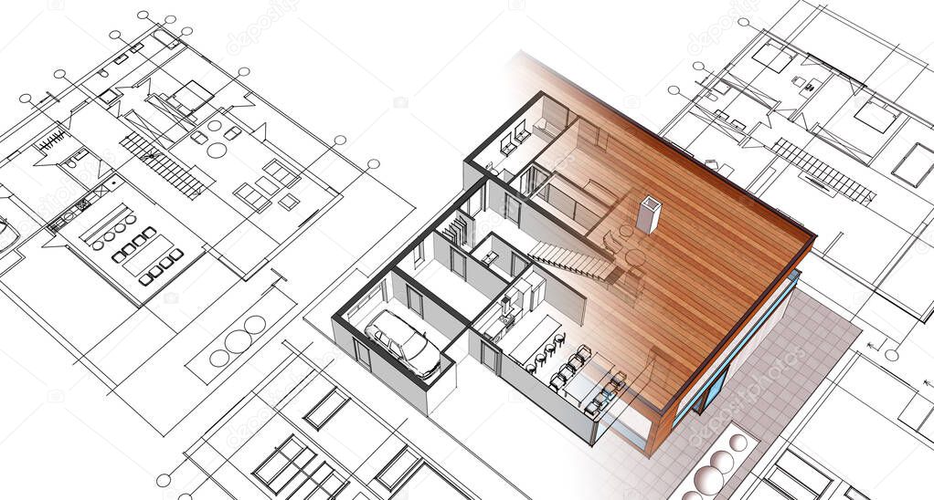 house plan facades architectural sketch 3d illustration