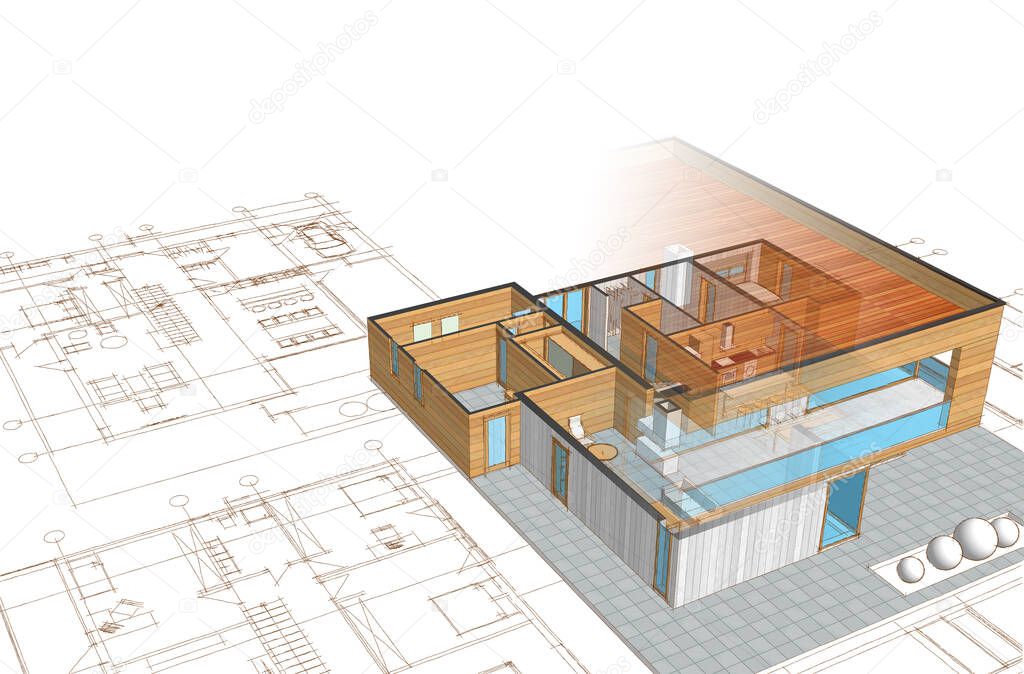 house plan facades architectural sketch 3d illustration