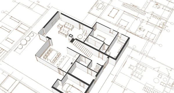 Dom Plan Fasady Architektoniczny Szkic Ilustracja — Zdjęcie stockowe