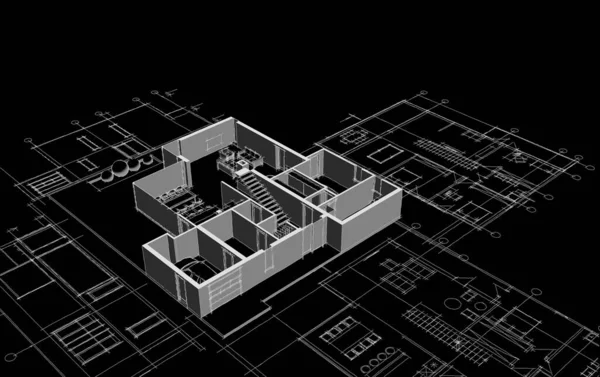 家の計画は建築のスケッチ3Dイラストに直面し — ストック写真