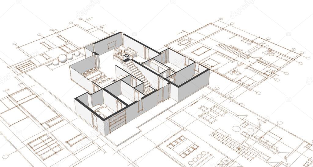 house plan facades architectural sketch 3d illustration