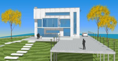 Konsol çizimi 3D resimli modern mimari evi