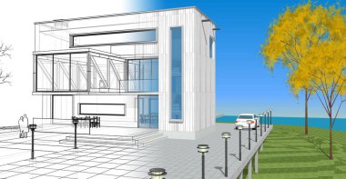 Konsol çizimi 3D resimli modern mimari evi