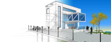 Konsol çizimi 3D resimli modern mimari evi