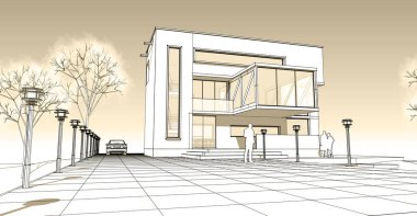 Konsol çizimi 3D resimli modern mimari evi