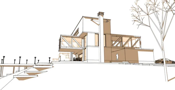 Architettura Moderna Casa Con Consolle Schizzo Illustrazione — Foto Stock