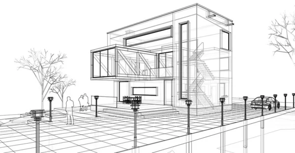 带有控制台草图的现代建筑房子3D插图 — 图库照片