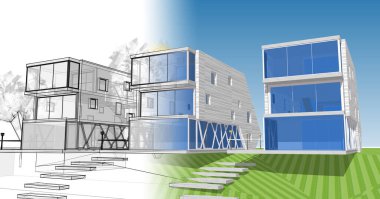Modern ev modülü mimari konsepti 3D illüstrasyon