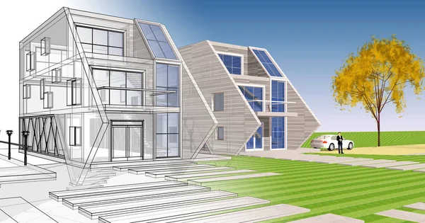 Modern ev modülü mimari konsepti 3D illüstrasyon