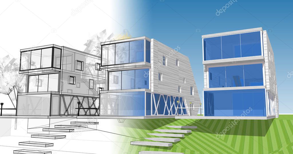 modern house module architectural concept 3d illustration