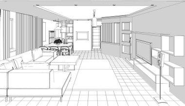 İç mutfak oturma odası 3D görüntü