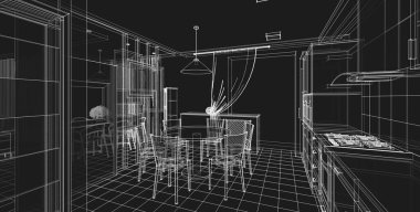 İç mutfak oturma odası 3D görüntü